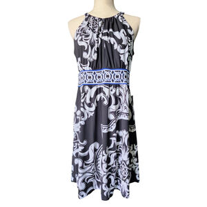 White House Black Market Midi Dress Halter Style Women's M Black White Blue